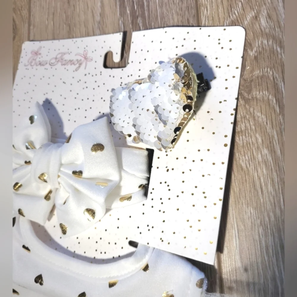 White And Gold Heart Baby Bib and Bow Set
